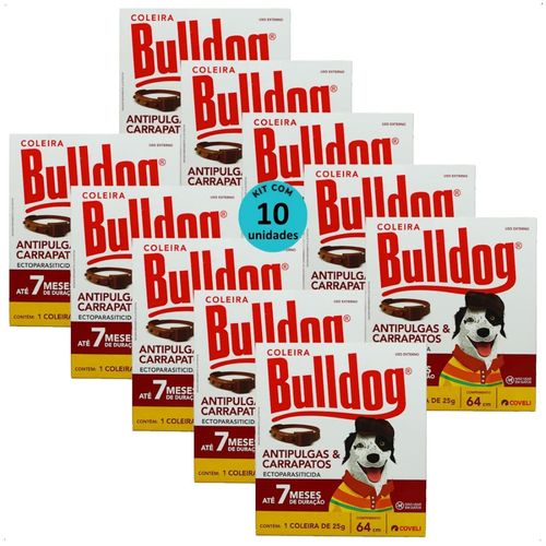 COLEIRA ANTIPULGAS E CARRAPATOS BULLDOG 7 COM 64CM E 25G PARA CÃES COVELI KIT COM 10